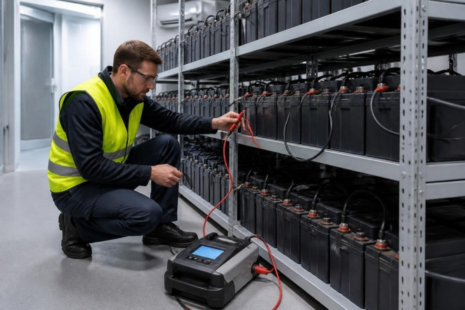 Engineer discharge-testing a UPS battery bank (illustration)