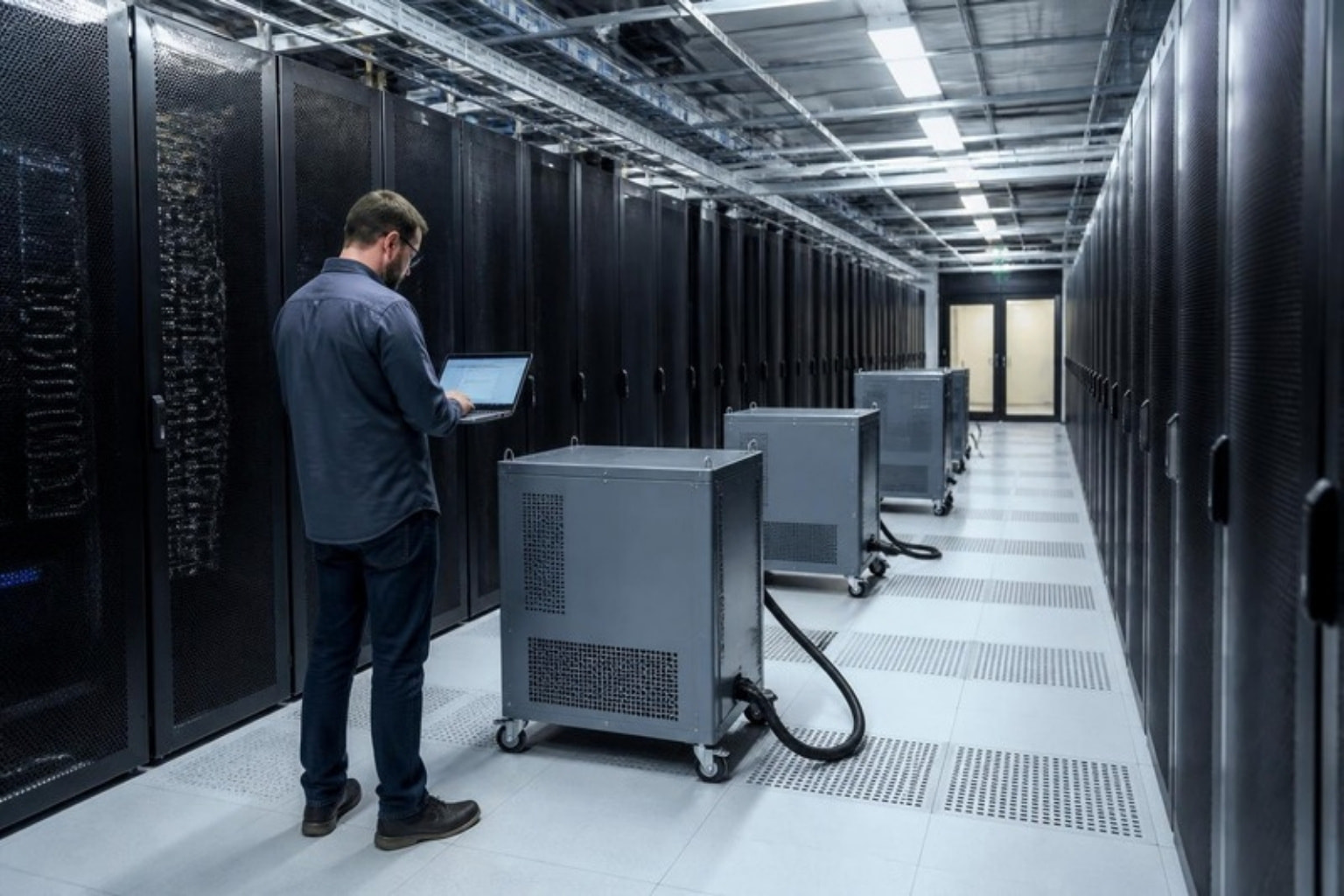 Portable load banks in a data centre aisle during commissioning (illustration)