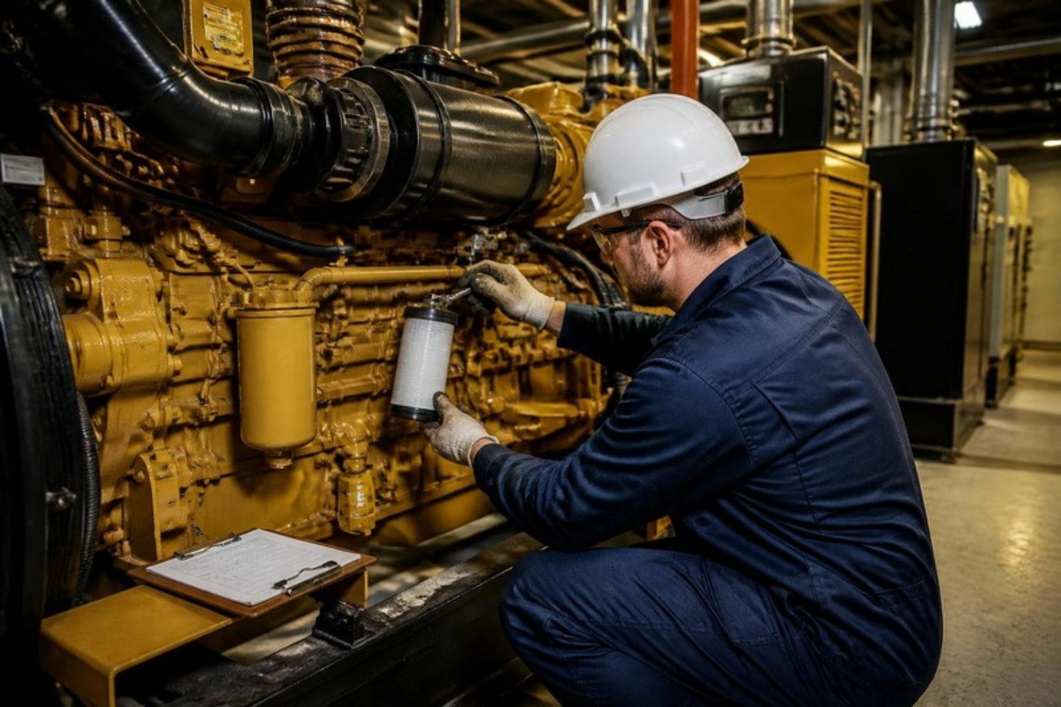 Technician servicing a diesel generator engine (illustration)