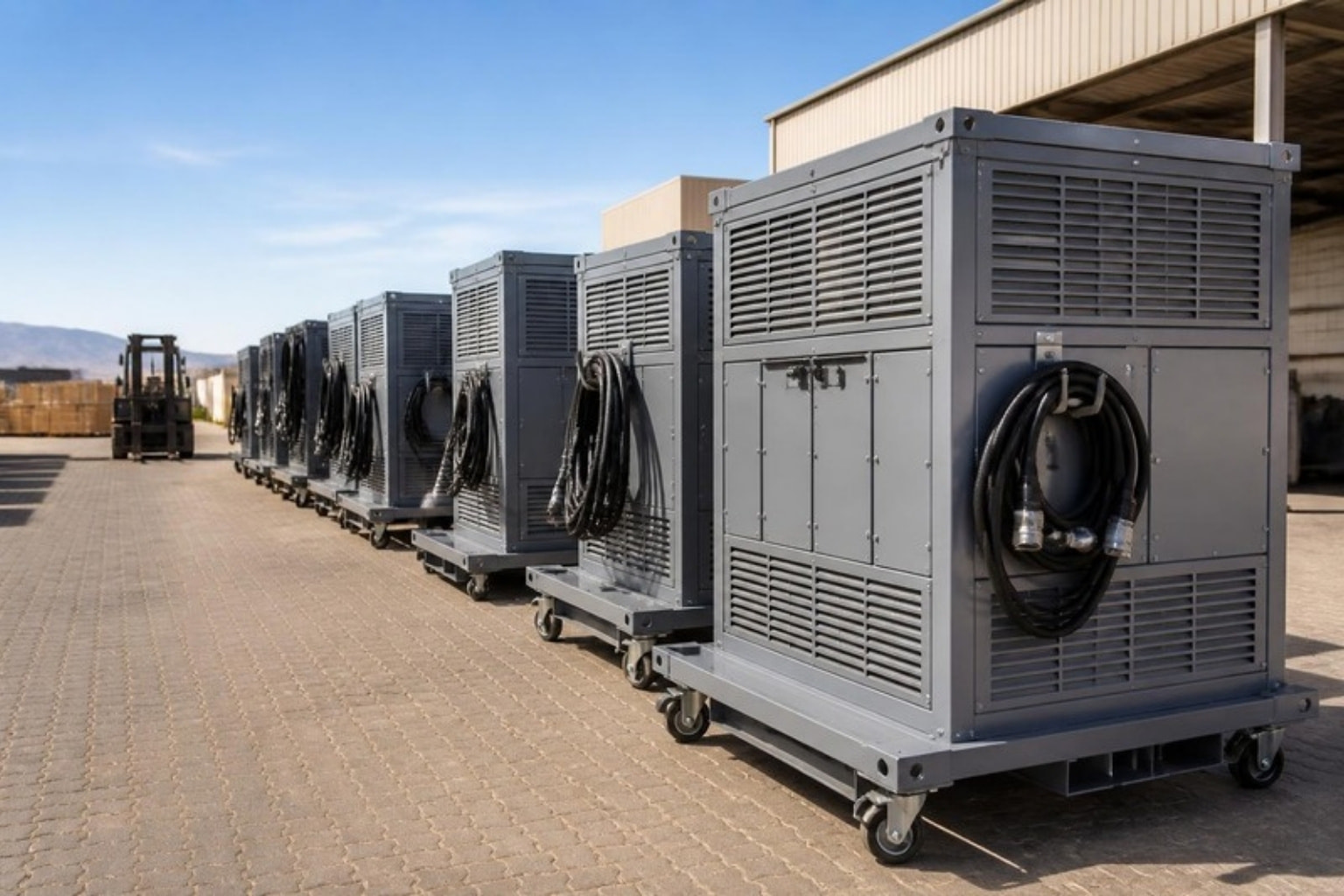 Fleet of grey load banks lined up in an equipment yard (illustration)
