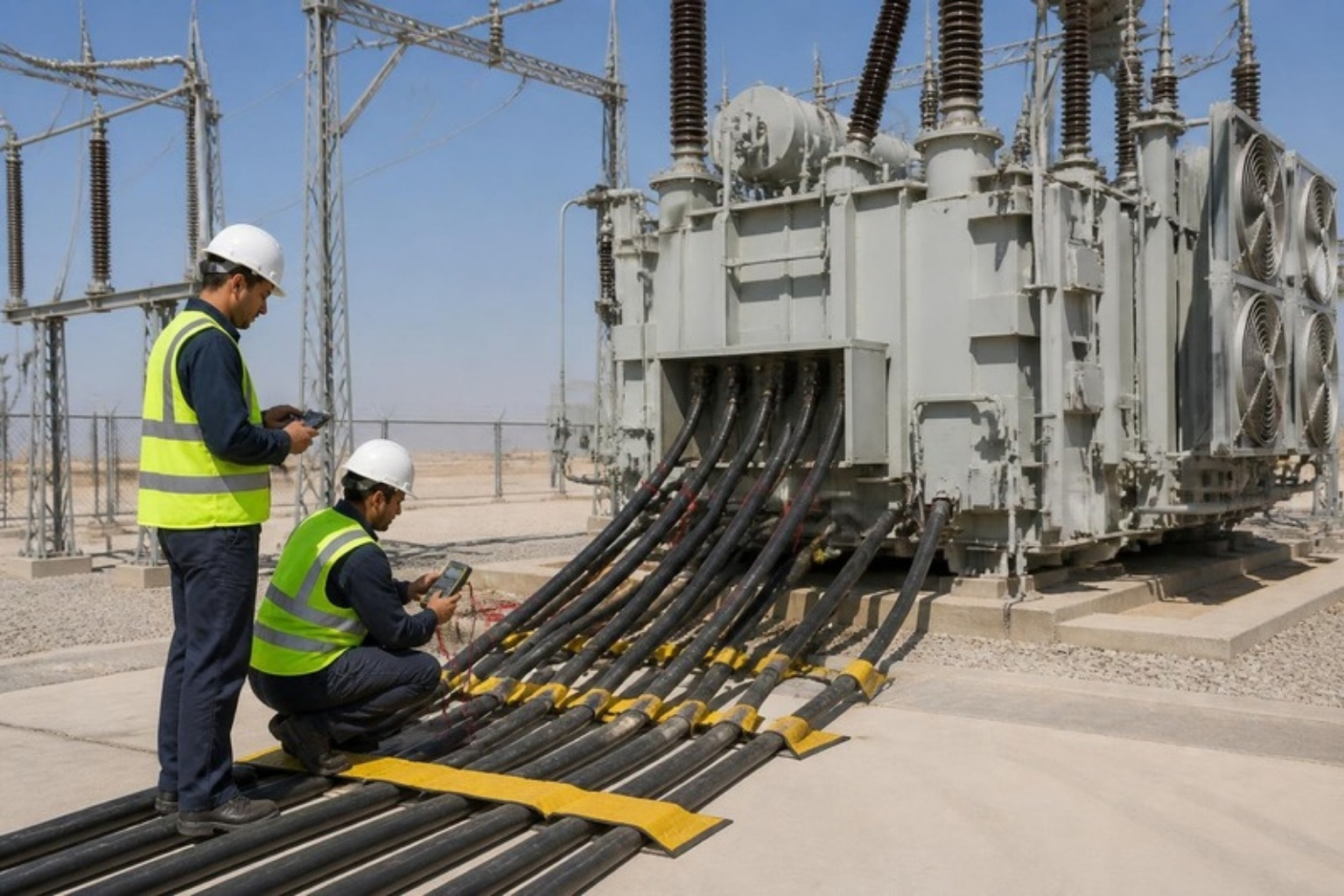 Engineers insulation-testing cables at a power transformer (illustration)
